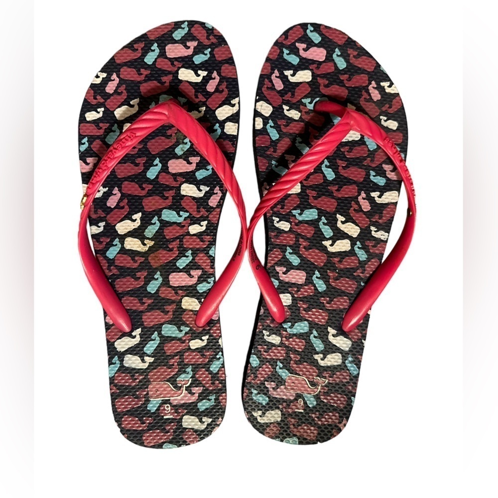 Vineyard Vines Flip Flops Women's Size 9 Whale Print Pink Strap Beach Pool‎